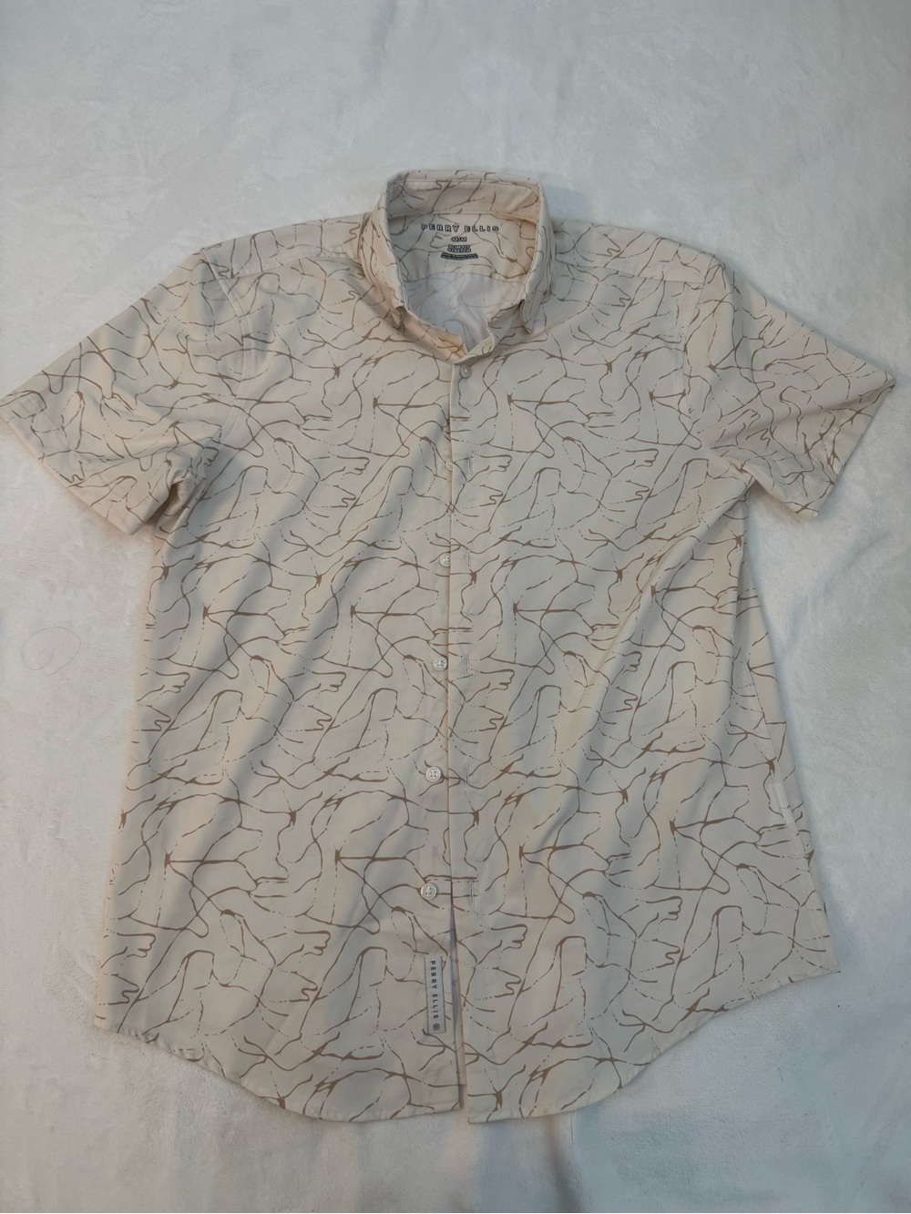 Perry Ellis Cream Short-Sleeve Button-Up with Brown Line Print